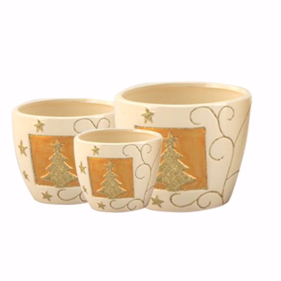 Picture of S/3 Round Ivory Pots w/Gold Glitter Trees & Stars