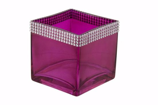 Picture of 4" Glass Cube w/Rhinestone Trim - Magenta