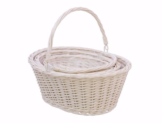 Picture of Oval Lined Willow Basket Set with Drop Handle-Whitewash (3 sizes)