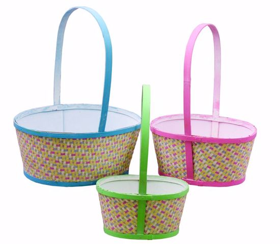 Picture of Oval Pastel Chipwood and Bamboo Basket Set with Handle (3 Sizes - Hard Liner Incl.)