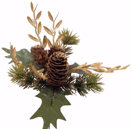 Picture of Holiday Gold Leaves Pine Holly Pick (8.5")