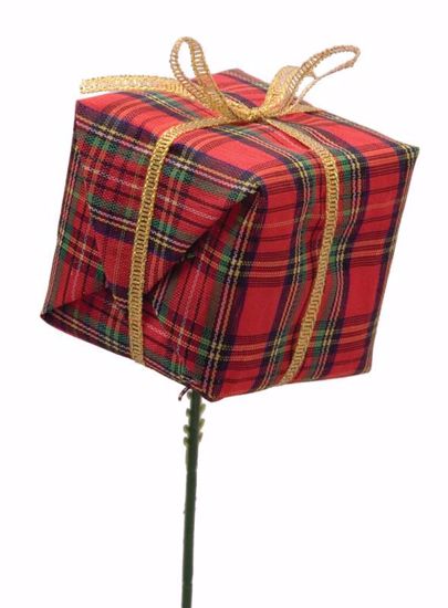 Picture of Holiday Red Tartan Gift Box Pick (7.5")