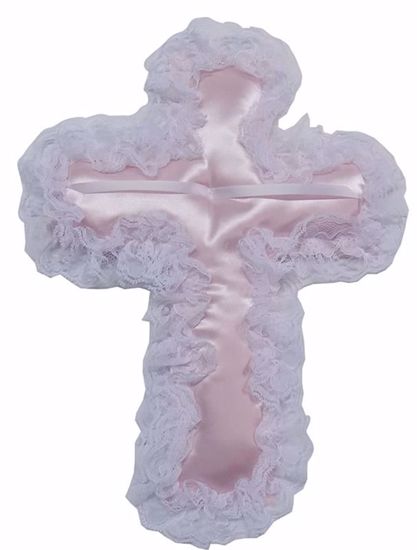 Picture of Pink Cross Pillow W/ Satin Ruffled Edge