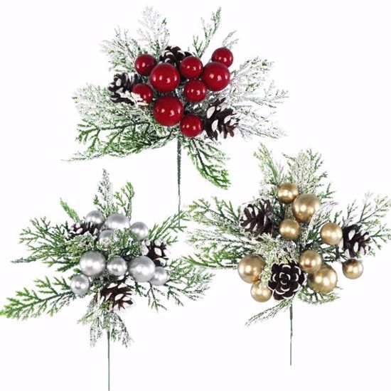 Picture of Holiday Berry/Cone Sprig Pick (7", 3 Assorted, Plastic)