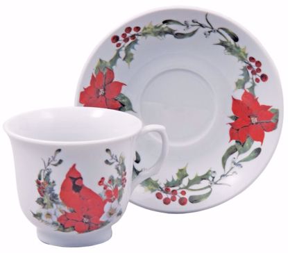Picture of Porcelain Cardinal and Poinsettia Teacup and Saucer