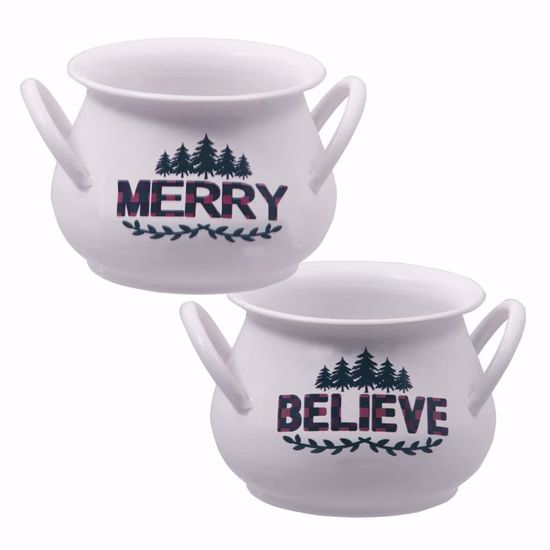 Picture of 2 Assorted Metal "MERRY" & "BELIEVE" Planters - 3.25"