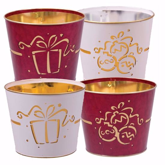 Picture of 4 Assorted Red & White Metal Pot Cover with Ornament & Gift Pattern - 4.5"
