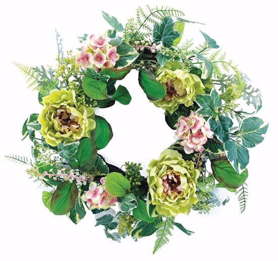 Picture of Pink & Yellow Peony Hydrangea Leaves Wreath (22")