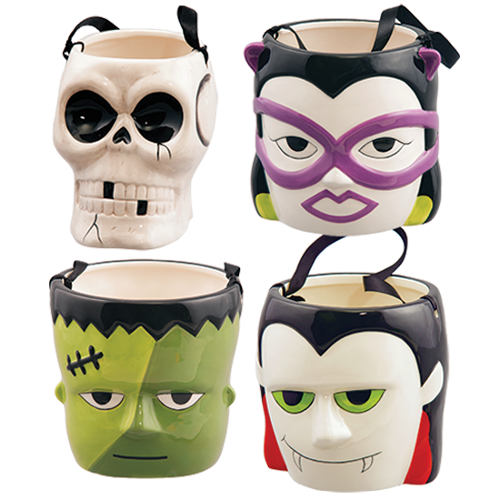 Picture of Halloween Character Pots With Ribbon Handle-4 Assorted, 4.25"