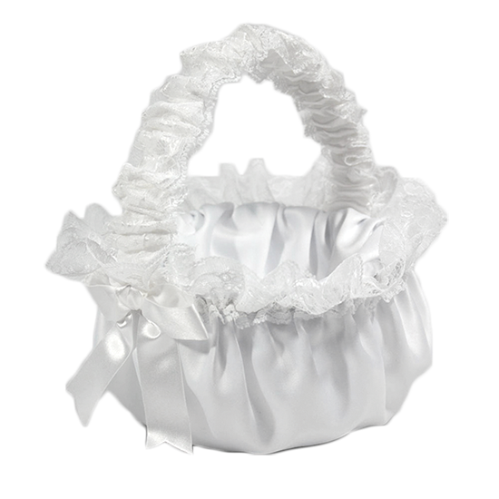 Picture of White Flower Girl Satin basket with White lace