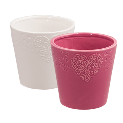 Picture of Deep Pink and White Heart Filigree Planters 5"