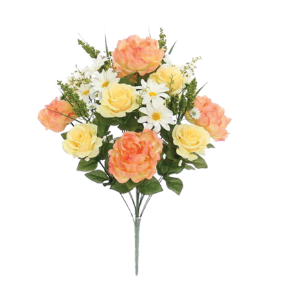 Picture of Coral, Yellow & White Rose Peony Daisy Mixed Floral Bush (22.75")