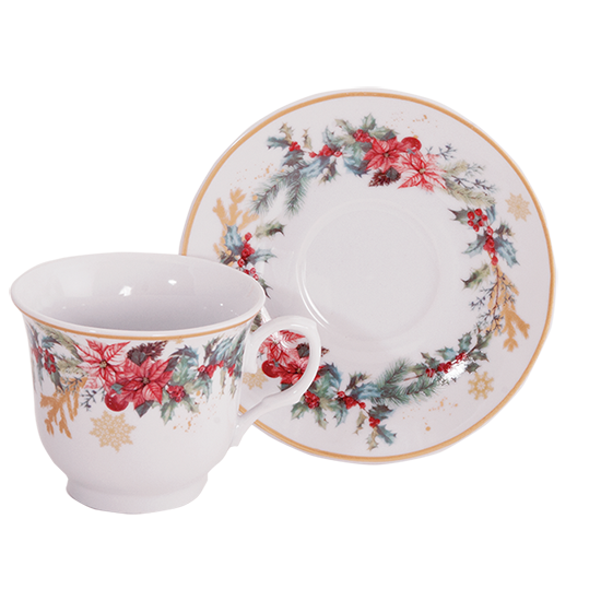 Picture of Porcelain Gold Rim Evergreen and Poinsettia Teacup and Saucer