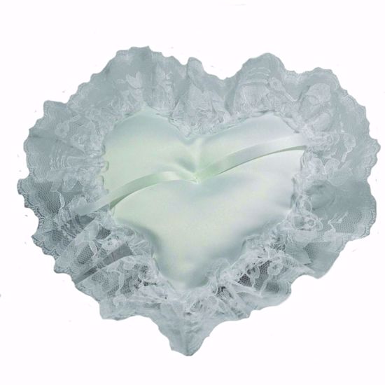 Picture of White Satin Heart Pillow With Satin Lace Edge