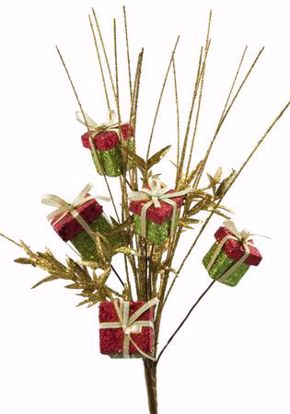 Picture of 18" Red/Green Gift Box Pick with Leaves
