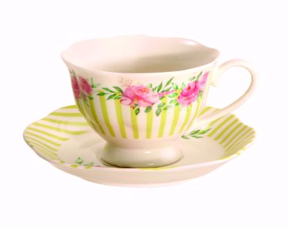 Picture of Pink Floral & Green Stripe Teacup/Saucer