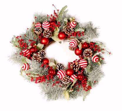 Picture of 22" Frosted Mixed Pine Wreath W/Holly, Pine Cones, Red metallic & Peppermint Decor