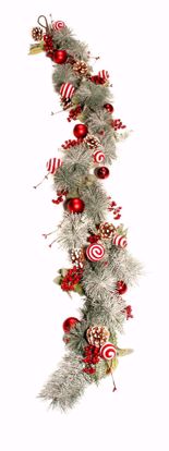 Picture of 5' Frosted Pine Garland W/Pine Cone, Holly, Red Metallic & Peppermint Decor